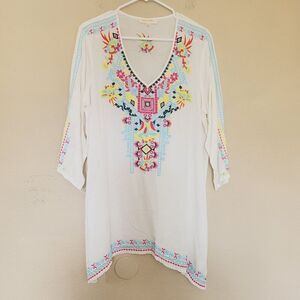 Solitaire Womens Embroidered Tunic Size Large Floral Kimono Sleeves Boho Peasant